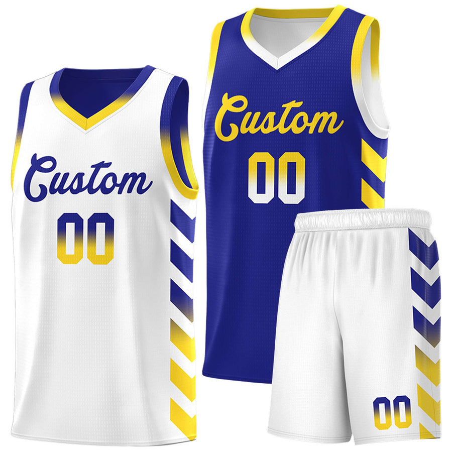 Custom White Royal Reversible Basketball Jersey Kits - Side Arrow Royal Gold Gradient | BuyFootballJersey