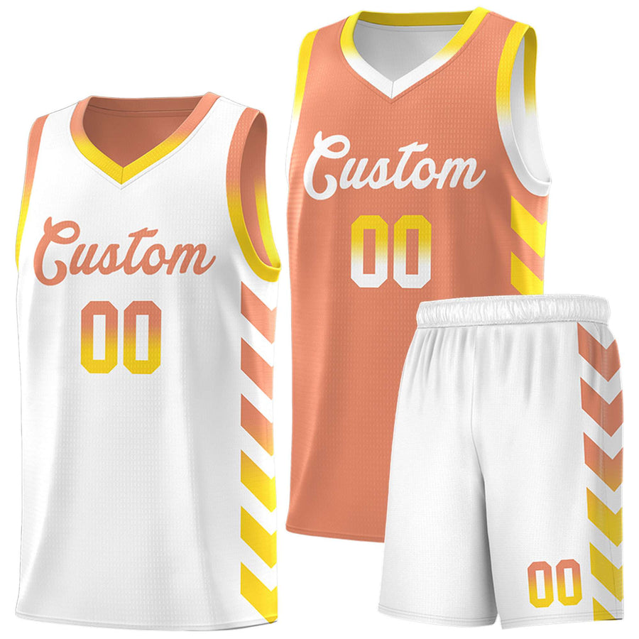 Custom White Light Orange Reversible Basketball Jersey Kits - Side Arrow Light Orange Gold Gradient | BuyFootballJersey