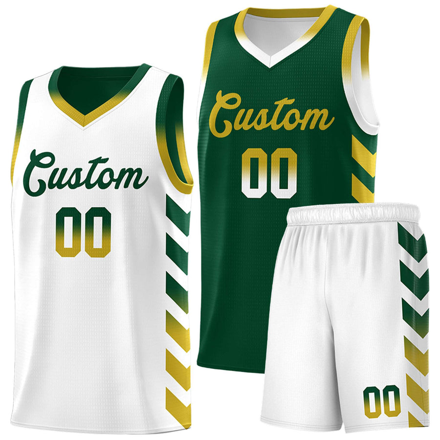 Custom White Green Reversible Basketball Jersey Kits - Side Arrow Green Old Gold Gradient | BuyFootballJersey