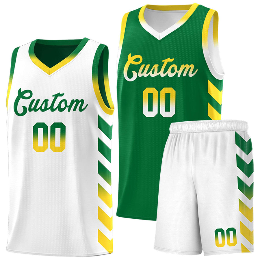 Custom White Kelly Green Reversible Basketball Jersey Kits - Side Arrow Kelly Green Gold Gradient | BuyFootballJersey