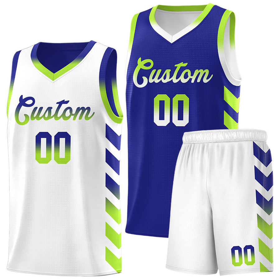 Custom White Royal Reversible Basketball Jersey Kits - Side Arrow Royal Neon Green Gradient | BuyFootballJersey