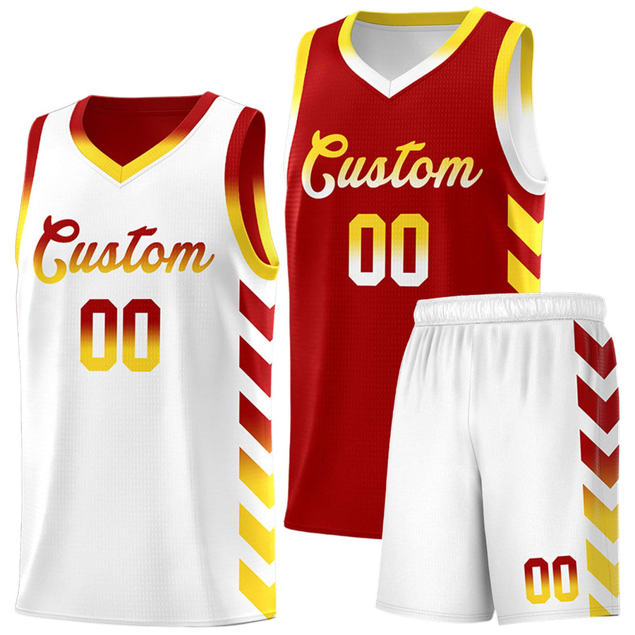 Custom White Red Reversible Basketball Jersey Kits - Side Arrow Red Gold Gradient | BuyFootballJersey