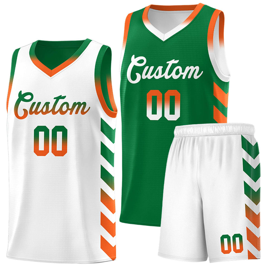 Custom White Kelly Green Reversible Basketball Jersey Kits - Side Arrow Kelly Green Orange Gradient | BuyFootballJersey