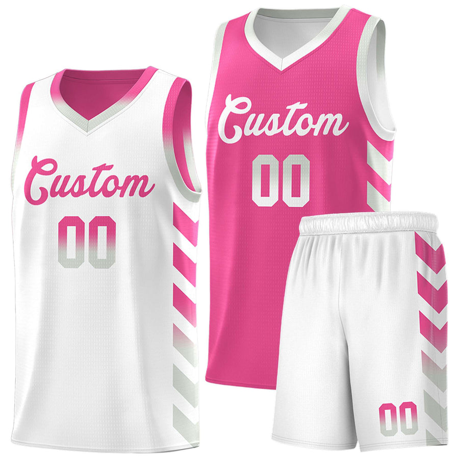 Custom White Pink Reversible Basketball Jersey Kits - Side Arrow Pink Gray Gradient | BuyFootballJersey
