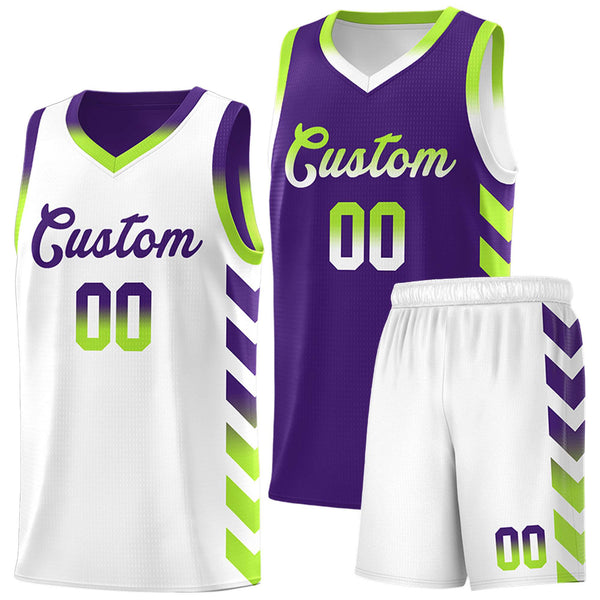 Custom White Purple Reversible Basketball Jersey Kits - Side Arrow Purple Neon Green Gradient | BuyFootballJersey