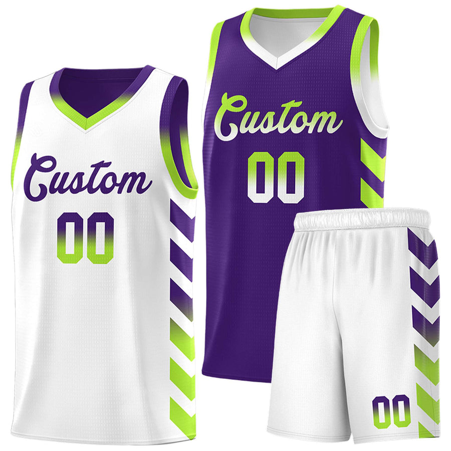 Custom White Purple Reversible Basketball Jersey Kits - Side Arrow Purple Neon Green Gradient | BuyFootballJersey