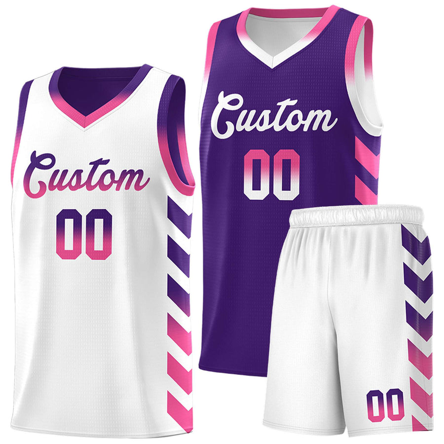 Custom White Purple Reversible Basketball Jersey Kits - Side Arrow Purple Pink Gradient | BuyFootballJersey