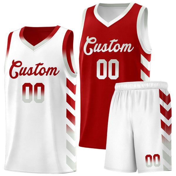 Custom White Red Reversible Basketball Jersey Kits - Side Arrow Red Gray Gradient | BuyFootballJersey