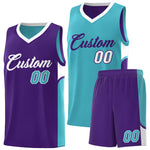 Custom Sky Blue Purple Side U-shaped Patttern Double Side Sports Uniform Basketball Jersey | BuyFootballJersey