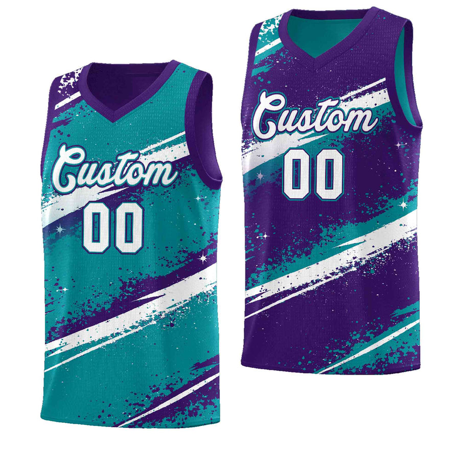 Custom Teal Purple White Basketball Jersey Stellar Strike Series Reversible Drapable | BuyFootballJersey