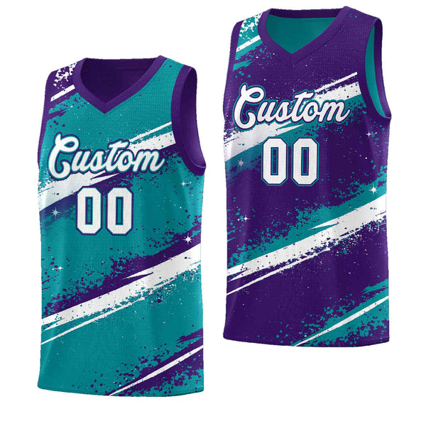 Custom Teal Purple White Basketball Jersey Stellar Strike Series Reversible Drapable | BuyFootballJersey
