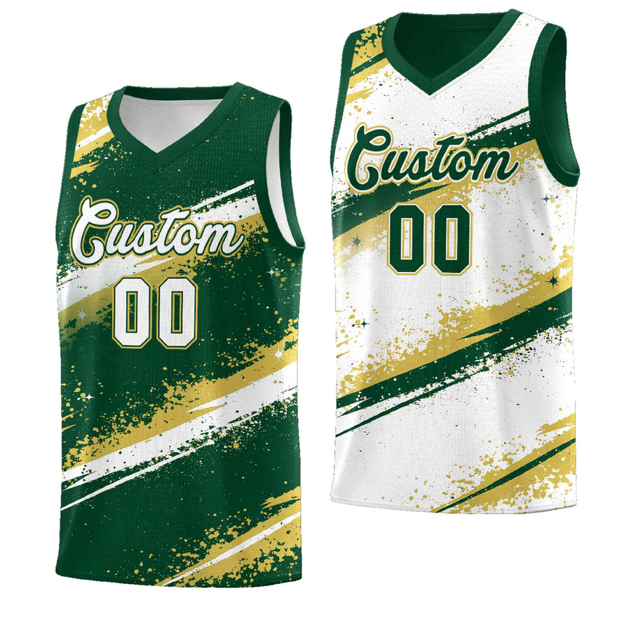 Custom Dark Green Old Gold White Basketball Jersey Stellar Strike Series Splash Drapable | BuyFootballJersey