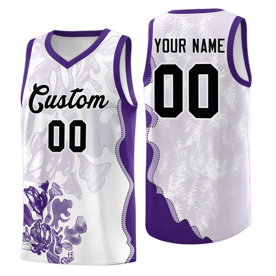 Custom White Purple Basketball Jersey - Illusion Flower Graffiti Stretch Fabric | BuyFootballJersey