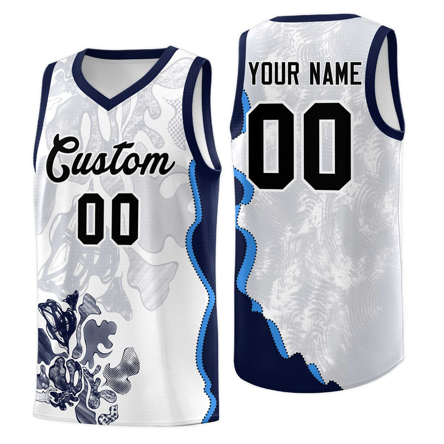 Custom White Navy Basketball Jersey - Illusion Flower Graffiti Breathable | BuyFootballJersey