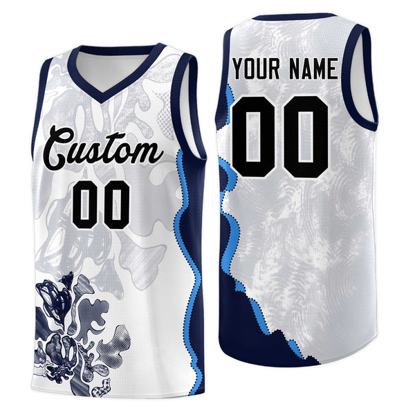 Custom White Navy Basketball Jersey - Illusion Flower Graffiti Breathable | BuyFootballJersey