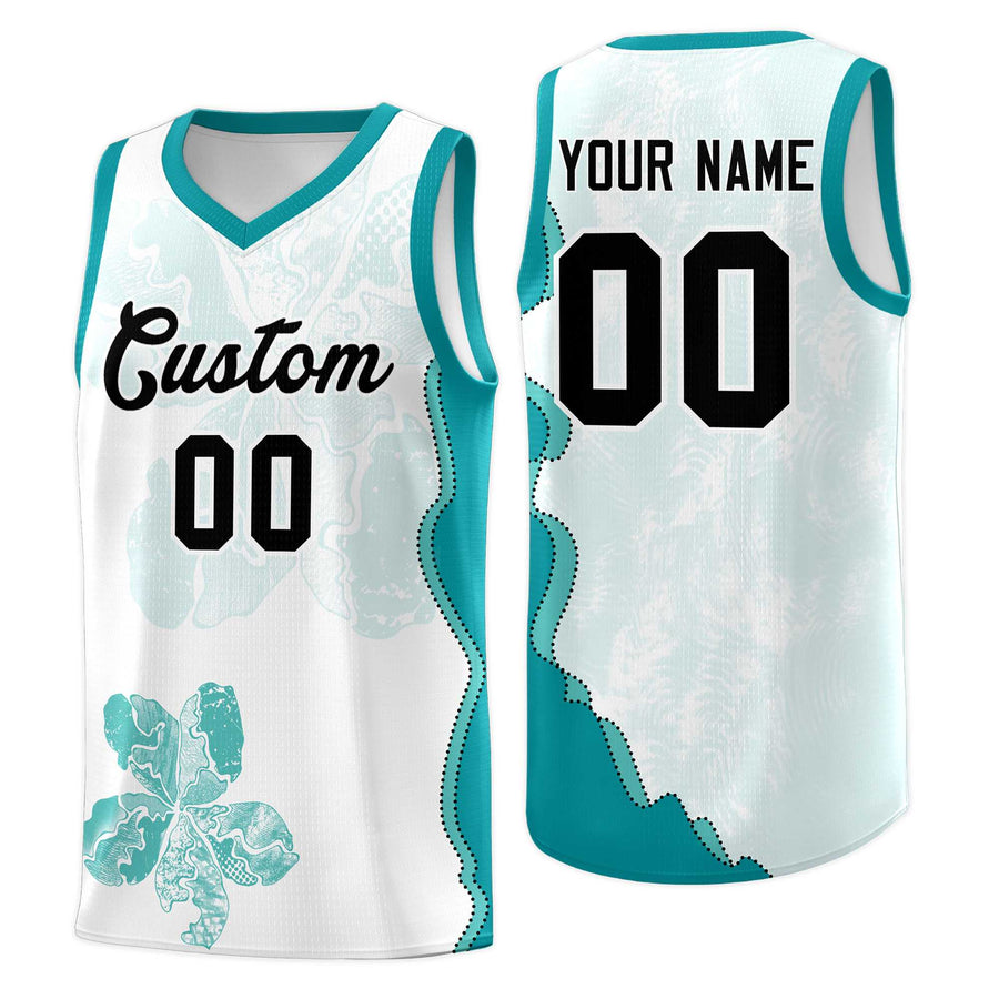 Custom White Teal Basketball Jersey - Illusion Flower Graffiti Quick-Drying | BuyFootballJersey
