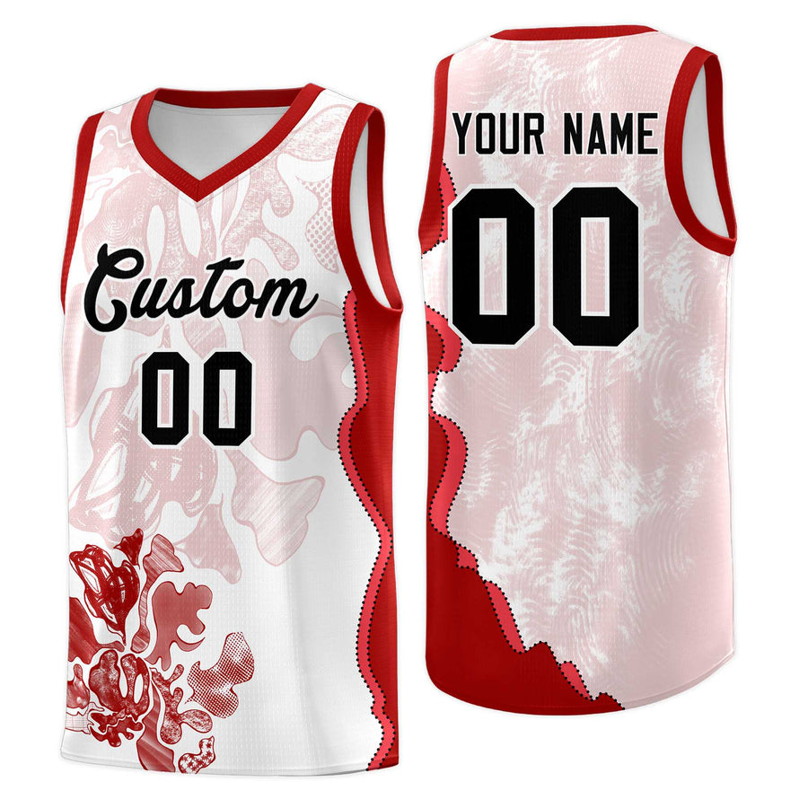 Custom White Red Basketball Jersey - Illusion Flower Graffiti Drapable | BuyFootballJersey