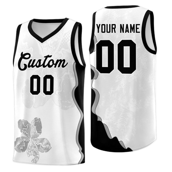 Custom White Black Basketball Jersey - Illusion Flower Graffiti Stretch Fabric | BuyFootballJersey