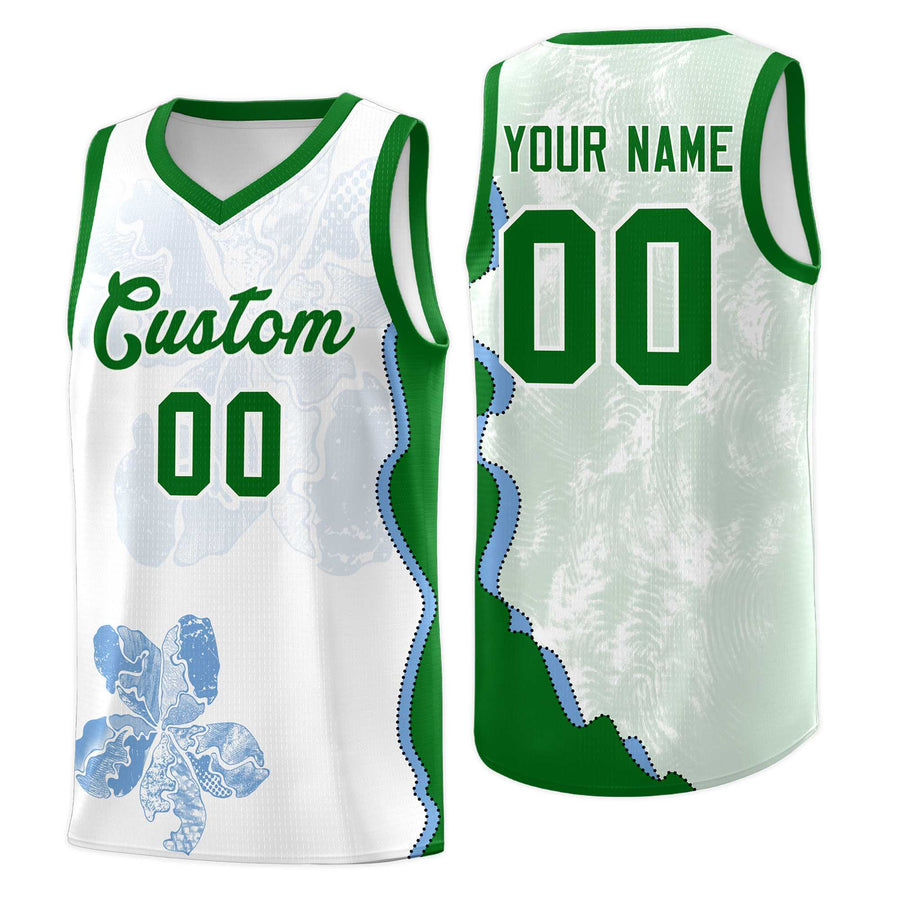 Custom White Kelly Green Basketball Jersey - Illusion Flower Graffiti Drapable | BuyFootballJersey