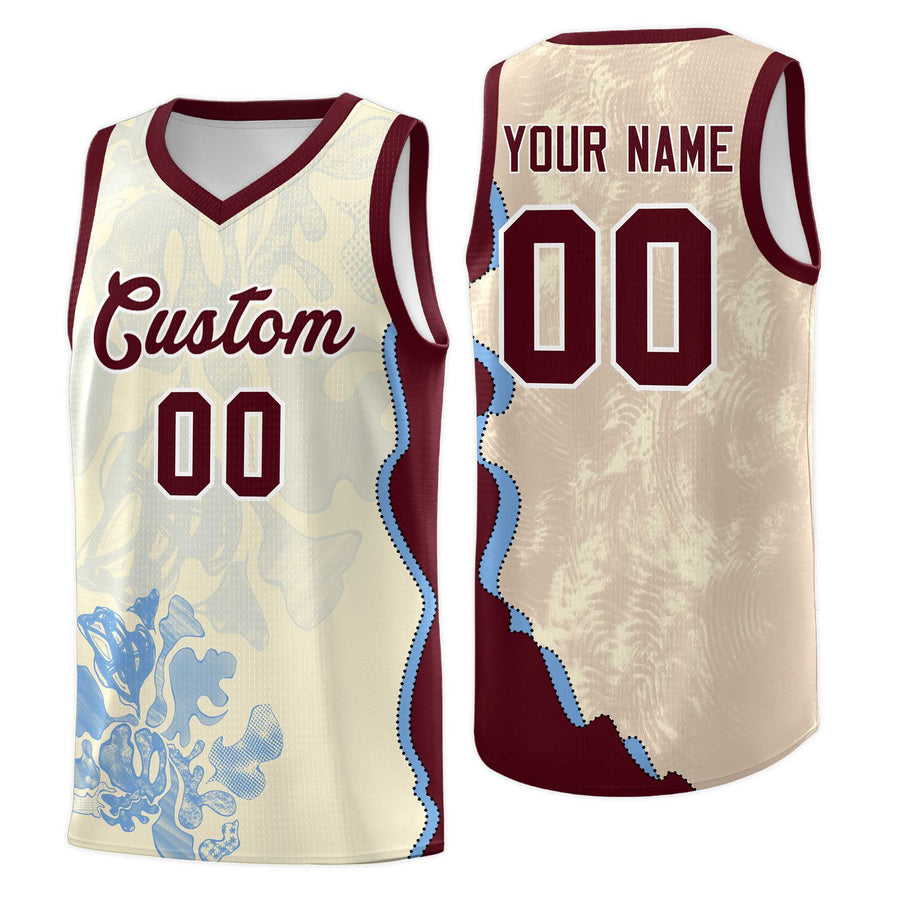 Custom Cream Burgundy Basketball Jersey - Illusion Flower Graffiti Sublimation Printing | BuyFootballJersey