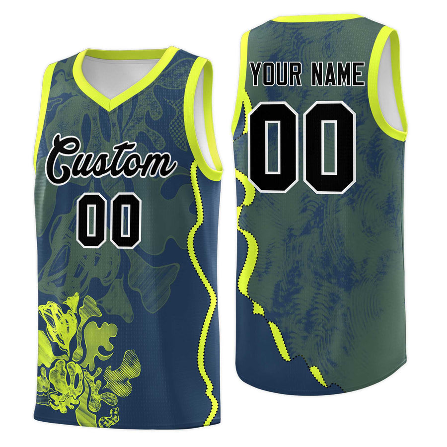 Custom Midnight Blue Fluorescent Green Basketball Jersey - Illusion Flower Graffiti Wrinkle-Resistant | BuyFootballJersey