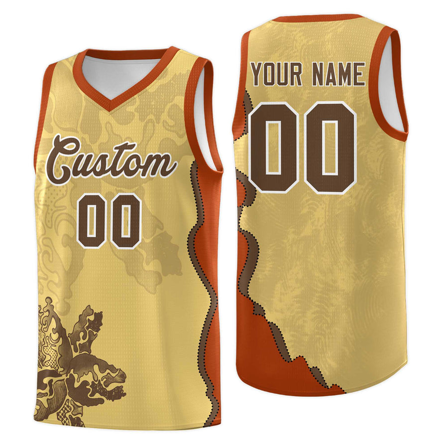 Custom Khaki Dark Orange Basketball Jersey - Illusion Flower Graffiti Breathable | BuyFootballJersey