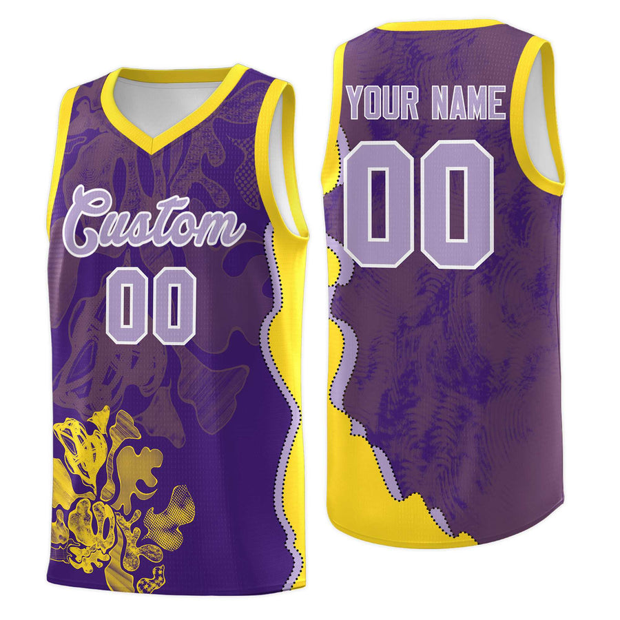 Custom Purple Gold Basketball Jersey - Illusion Flower Graffiti Quick-Drying | BuyFootballJersey