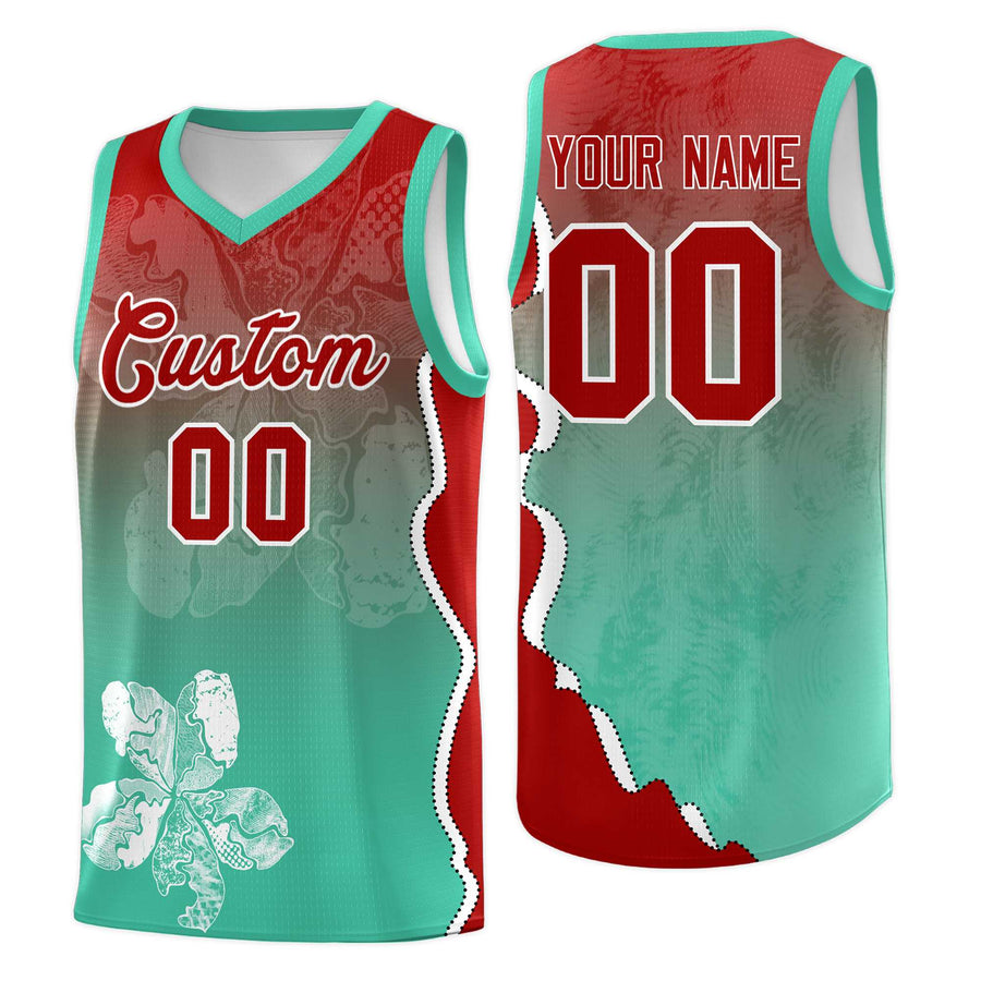 Custom Bright Green Red Basketball Jersey - Illusion Flower Gradient Stretch Fabric | BuyFootballJersey