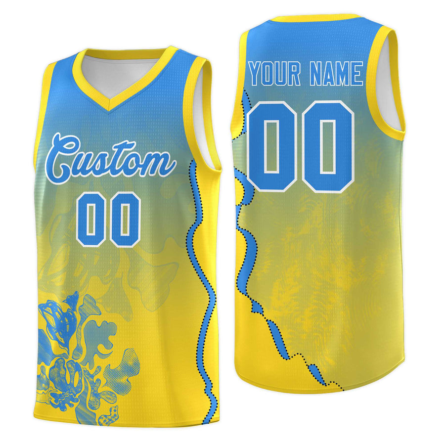 Custom Gold Light Blue Basketball Jersey - Illusion Flower Gradient Moisture-Wicking | BuyFootballJersey