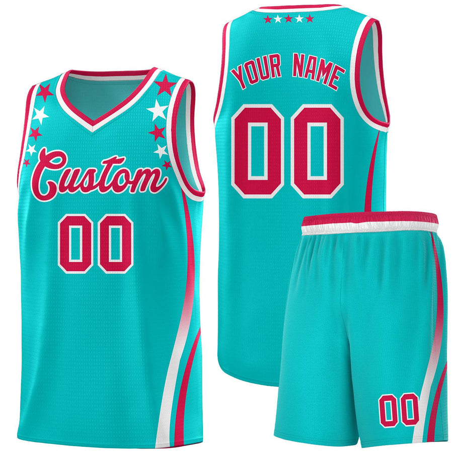 Custom Sky Blue Shoulders Star Pattern Side Color Block Sports Uniform Basketball Jersey | BuyFootballJersey