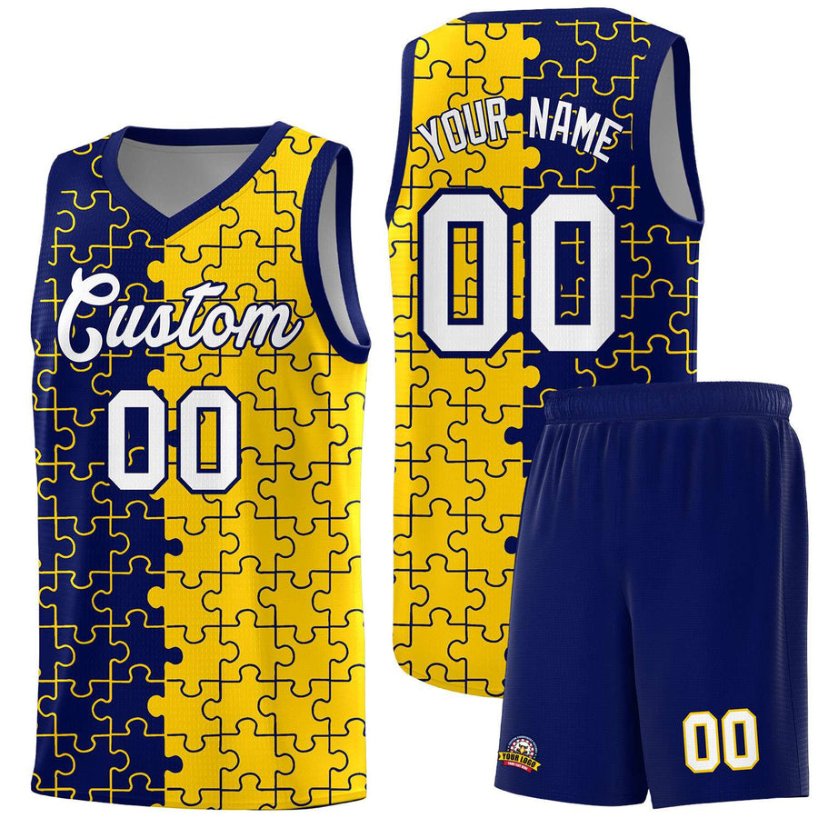 Custom Navy Gold Splid Basketball Kits With Puzzle Pattern | BuyFootballJersey