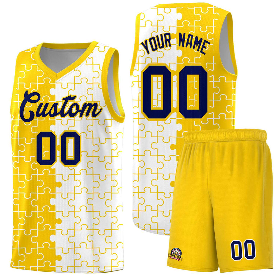 Custom Gold White Splid Basketball Kits With Puzzle Pattern | BuyFootballJersey