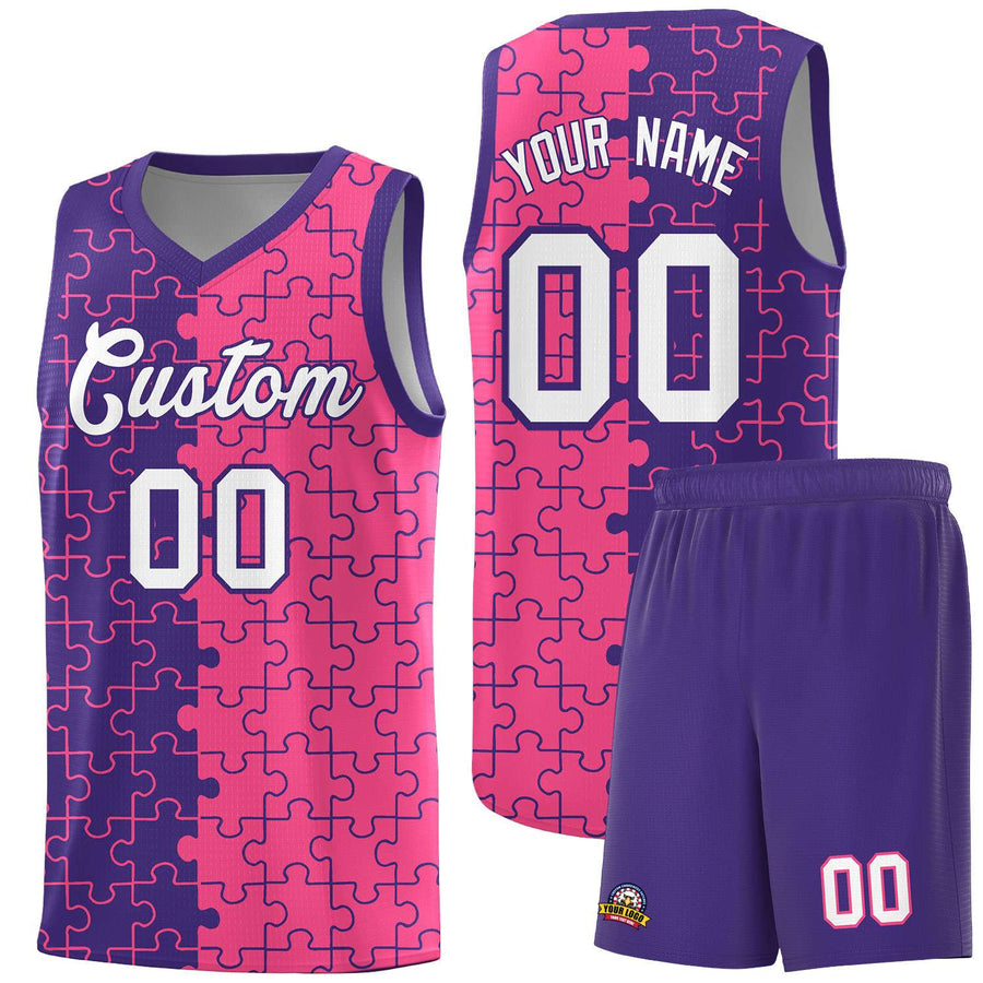 Custom Purple Pink Splid Basketball Kits With Puzzle Pattern | BuyFootballJersey