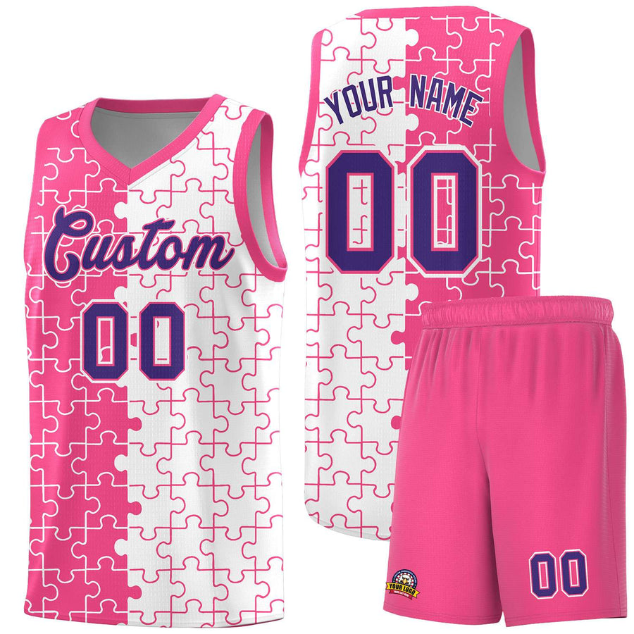 Custom Pink White Splid Basketball Kits With Puzzle Pattern | BuyFootballJersey