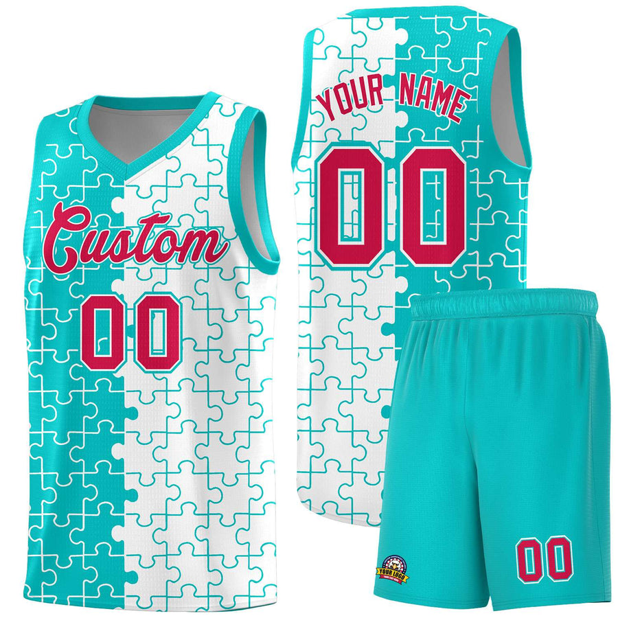 Custom Aqua White Splid Basketball Kits With Puzzle Pattern | BuyFootballJersey