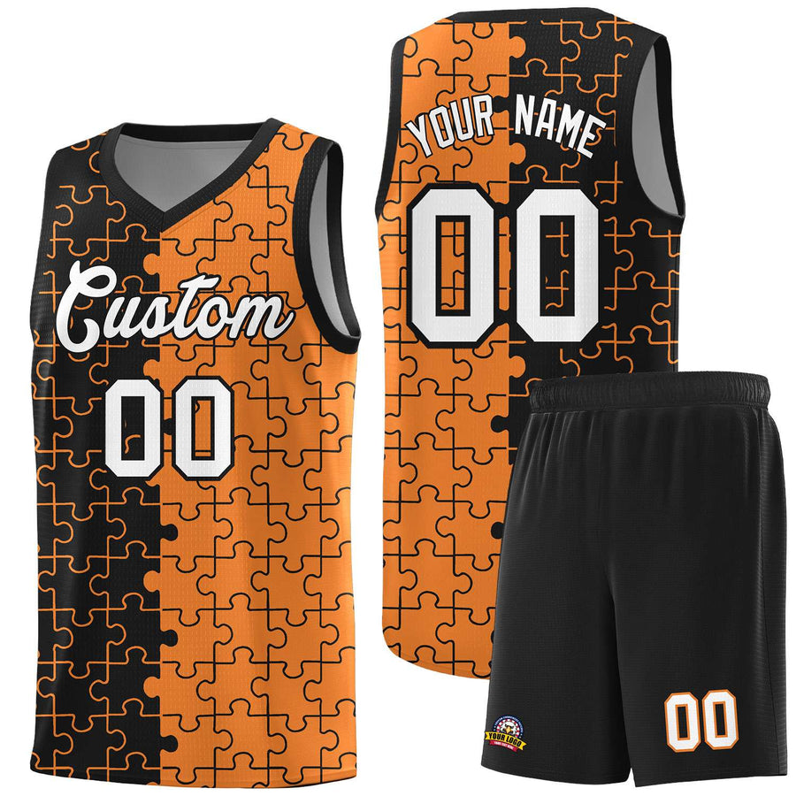 Custom Black Gold Orange Splid Basketball Kits With Puzzle Pattern | BuyFootballJersey