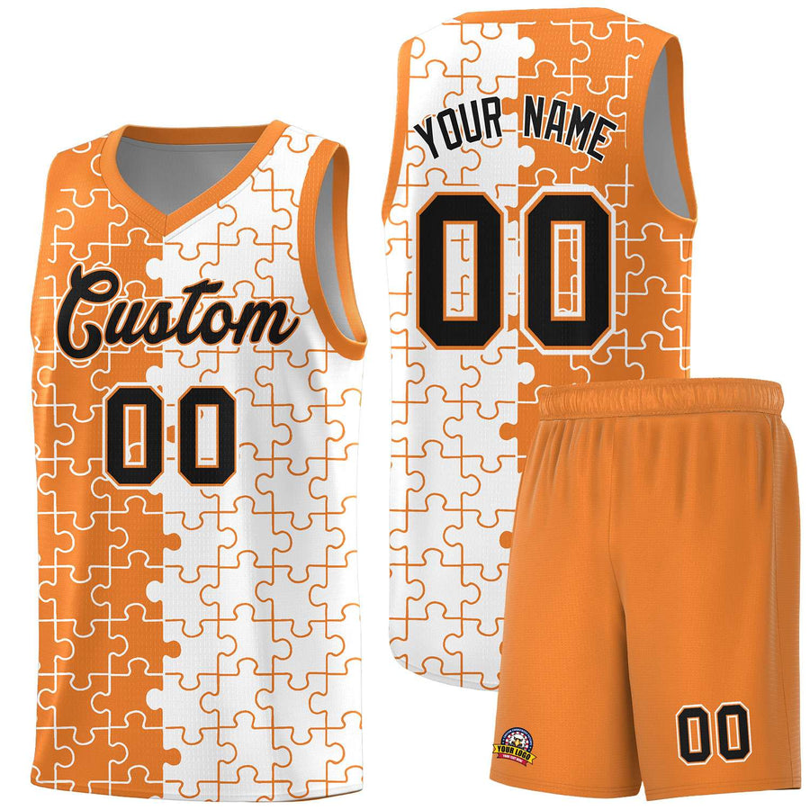 Custom Gold Orange White Splid Basketball Kits With Puzzle Pattern | BuyFootballJersey
