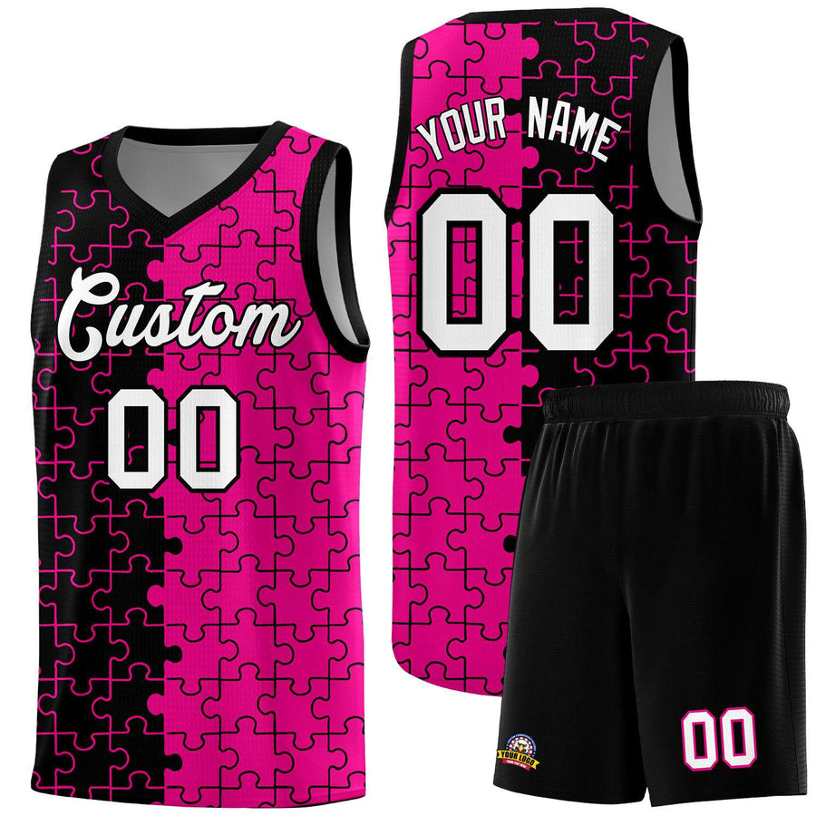 Custom Black Rose Red Splid Basketball Kits With Puzzle Pattern | BuyFootballJersey