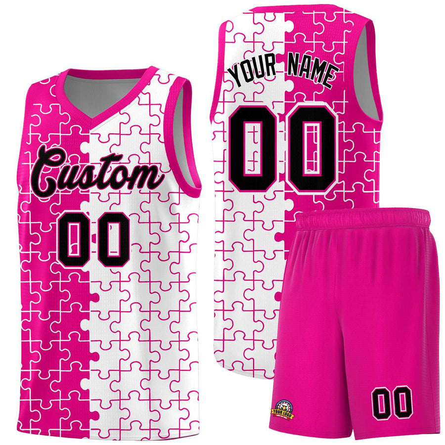 Custom Rose Red White Splid Basketball Kits With Puzzle Pattern | BuyFootballJersey