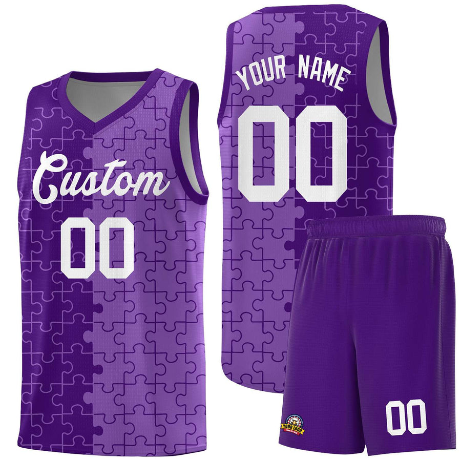Custom Purple Light Purple Splid Basketball Kits With Puzzle Pattern | BuyFootballJersey