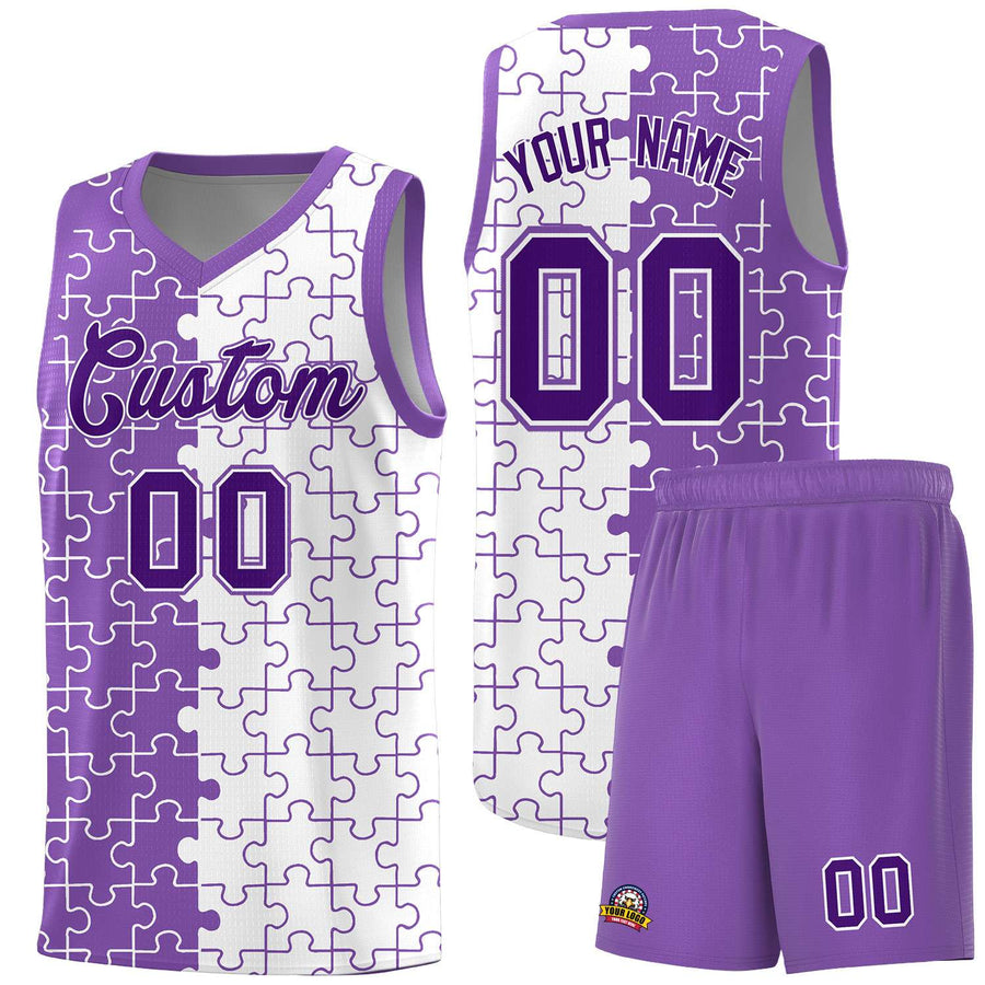 Custom Light Purple White Splid Basketball Kits With Puzzle Pattern | BuyFootballJersey