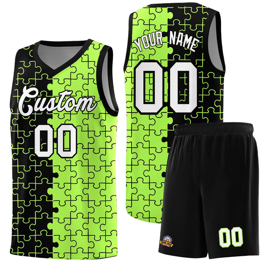 Custom Black Neon Green Splid Basketball Kits With Puzzle Pattern | BuyFootballJersey