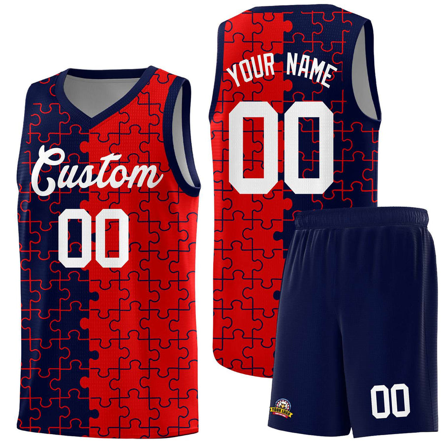 Custom Navy Red Splid Basketball Kits With Puzzle Pattern | BuyFootballJersey
