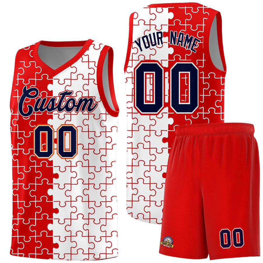 Custom Red White Splid Basketball Kits With Puzzle Pattern | BuyFootballJersey