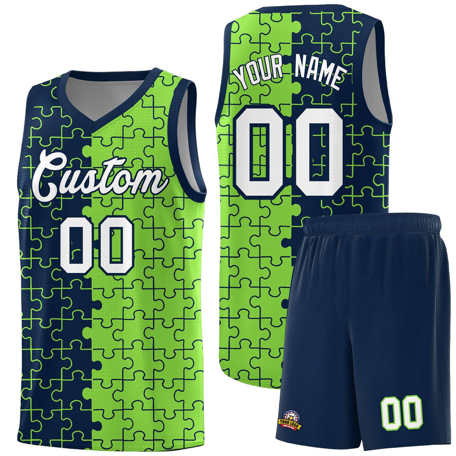 Custom Navy Neon Green Splid Basketball Kits With Puzzle Pattern | BuyFootballJersey