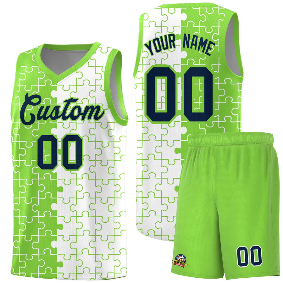 Custom Neon Green White Splid Basketball Kits With Puzzle Pattern | BuyFootballJersey