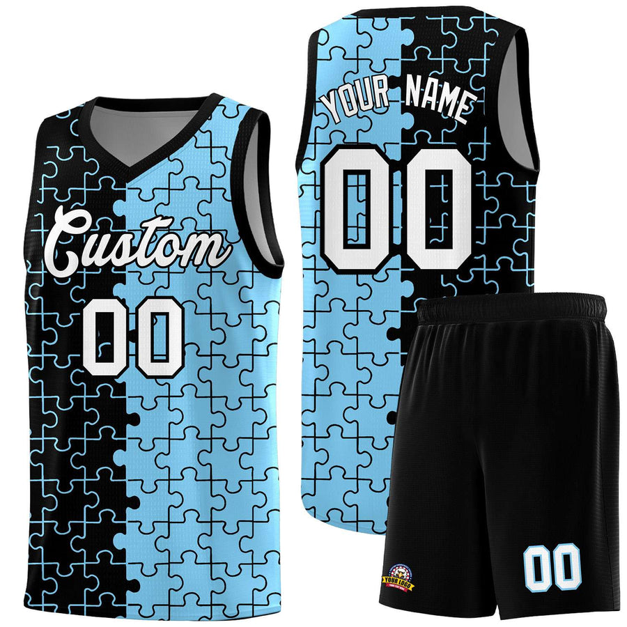 Custom Black Powder Blue Splid Basketball Kits With Puzzle Pattern | BuyFootballJersey