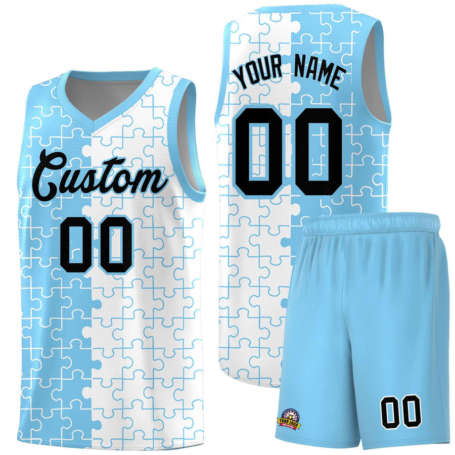 Custom Powder Blue White Splid Basketball Kits With Puzzle Pattern | BuyFootballJersey