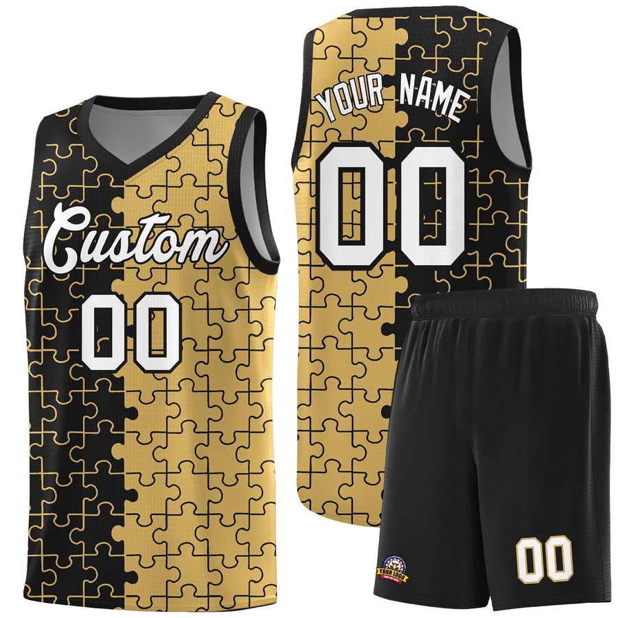 Custom Black Old Gold Splid Basketball Kits With Puzzle Pattern | BuyFootballJersey