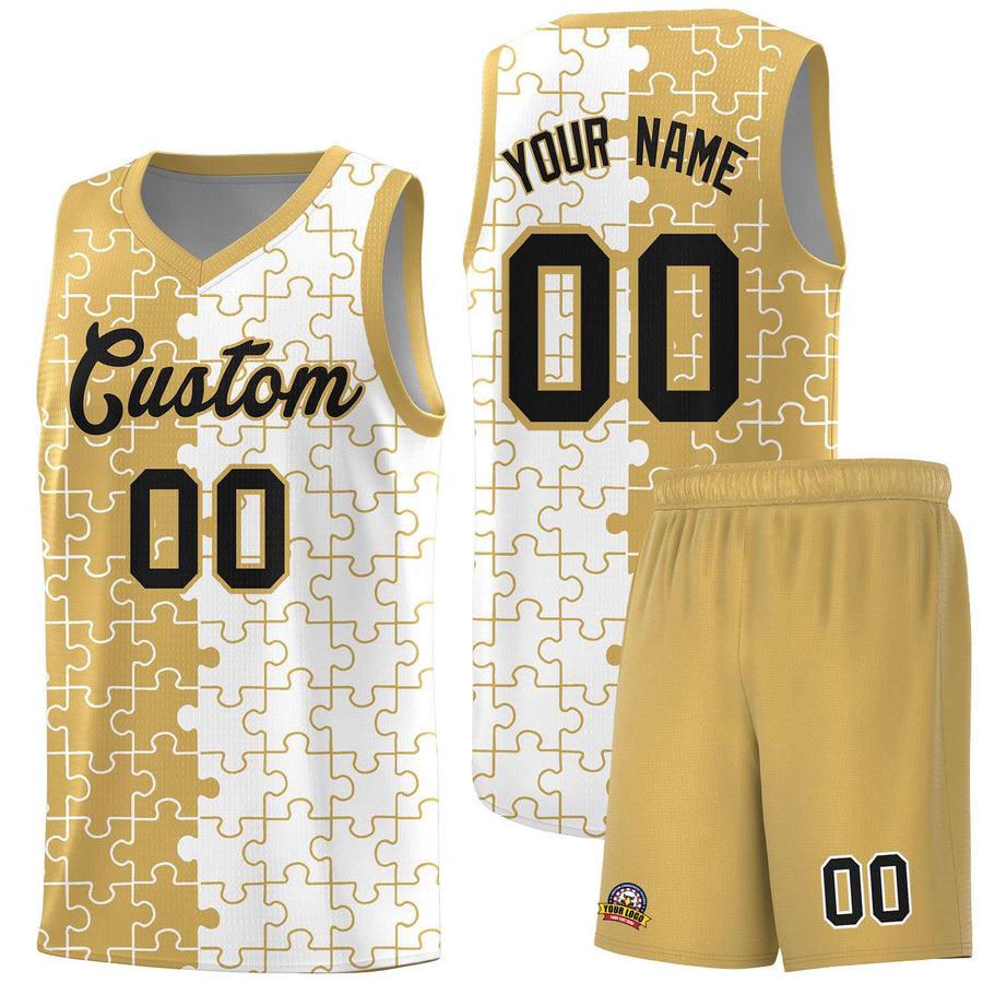 Custom Old Gold White Splid Basketball Kits With Puzzle Pattern | BuyFootballJersey